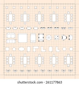 Set of 2d editable flat vector icons furniture for interior outline design on graphing engineering paper. Editable EPS10 vector illustration