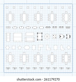 Set of 2d editable flat vector icons furniture for interior outline design on graphing engineering paper. Editable EPS10 vector illustration 