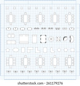 Set of 2d editable flat vector icons furniture for interior outline design on graphing engineering paper. Editable EPS10 vector illustration 