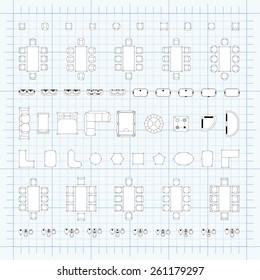Set of 2d editable flat vector icons furniture for interior outline design on graphing engineering paper. Editable EPS10 vector illustration 