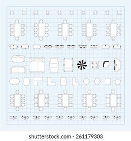 Set of 2d editable flat vector icons furniture for interior outline design on graphing engineering paper. Editable EPS10 vector illustration 