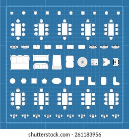 Set of 2d editable flat vector icons furniture for interior outline design on graphing engineering paper. Editable EPS10 vector illustration 