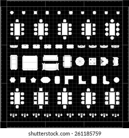 Set of 2d editable flat vector icons furniture for interior outline design on graphing engineering paper. Editable EPS10 vector illustration 