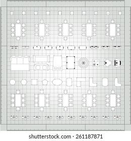Set of 2d editable flat vector icons furniture for interior outline design on graphing engineering paper. Editable EPS10 vector illustration  