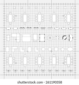 Set of 2d editable flat vector icons furniture for interior outline design on graphing engineering paper. Editable EPS10 vector illustration