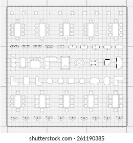Set of 2d editable flat vector icons furniture for interior outline design on graphing engineering paper. Editable EPS10 vector illustration