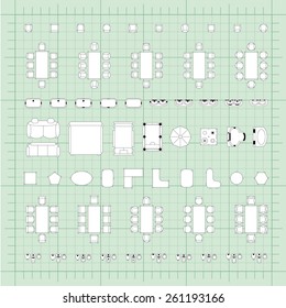 Set of 2d editable flat vector icons furniture for interior outline design on graphing engineering paper. Editable EPS10 vector illustration 