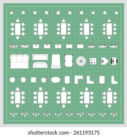 Set of 2d editable flat vector icons furniture for interior outline design on graphing engineering paper. Editable EPS10 vector illustration 