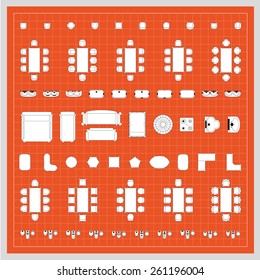 Set of 2d editable flat vector icons furniture for interior outline design on graphing engineering paper. Editable EPS10 vector illustration