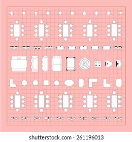 Set of 2d editable flat vector icons furniture for interior outline design on graphing engineering paper. Editable EPS10 vector illustration