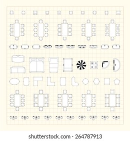 Set of 2d editable flat vector icons furniture for interior outline design on graphing engineering paper. Editable EPS10 vector illustration