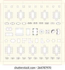 Set of 2d editable flat vector icons furniture for interior outline design on graphing engineering paper. Editable EPS10 vector illustration