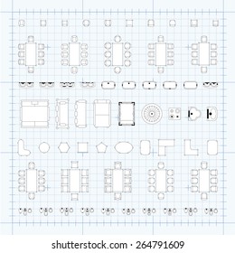 Set of 2d editable flat vector icons furniture for interior outline design on graphing engineering paper. Editable EPS10 vector illustration 