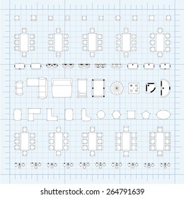 Set of 2d editable flat vector icons furniture for interior outline design on graphing engineering paper. Editable EPS10 vector illustration 