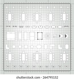 Set of 2d editable flat vector icons furniture for interior outline design on graphing engineering paper. Editable EPS10 vector illustration 