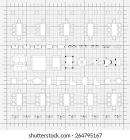 Set of 2d editable flat vector icons furniture for interior outline design on graphing engineering paper. Editable EPS10 vector illustration 