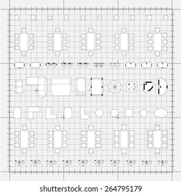 Set of 2d editable flat vector icons furniture for interior outline design on graphing engineering paper. Editable EPS10 vector illustration 