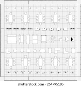 Set of 2d editable flat vector icons furniture for interior outline design on graphing engineering paper. Editable EPS10 vector illustration 