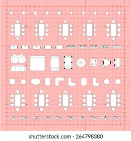 Set of 2d editable flat vector icons furniture for interior outline design on graphing engineering paper. Editable EPS10 vector illustration