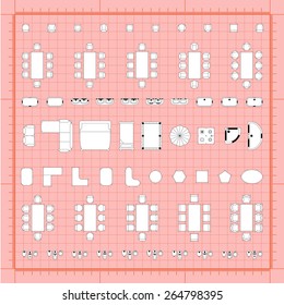 Set of 2d editable flat vector icons furniture for interior outline design on graphing engineering paper. Editable EPS10 vector illustration