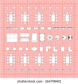 Set of 2d editable flat vector icons furniture for interior outline design on graphing engineering paper. Editable EPS10 vector illustration