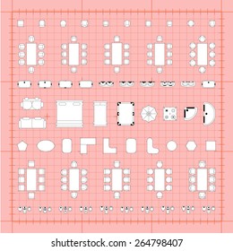 Set of 2d editable flat vector icons furniture for interior outline design on graphing engineering paper. Editable EPS10 vector illustration