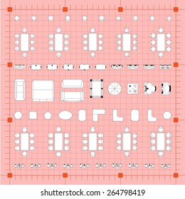 Set of 2d editable flat vector icons furniture for interior outline design on graphing engineering paper. Editable EPS10 vector illustration