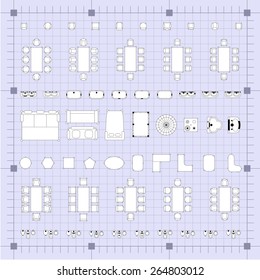 Set of 2d editable flat vector icons furniture for interior outline design on graphing engineering paper. Editable EPS10 vector illustration 