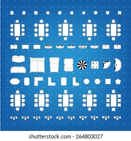 Set of 2d editable flat vector icons furniture for interior outline design on graphing engineering paper. Editable EPS10 vector illustration 
