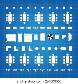Set of 2d editable flat vector icons furniture for interior outline design on graphing engineering paper. Editable EPS10 vector illustration 