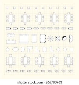 Set of 2d editable flat vector icons furniture for interior outline design on graphing engineering paper. Editable EPS10 vector illustration 