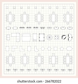 Set of 2d editable flat vector icons furniture for interior outline design on graphing engineering paper. Editable EPS10 vector illustration