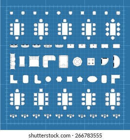Set of 2d editable flat vector icons furniture for interior outline design on graphing engineering paper. Editable EPS10 vector illustration 