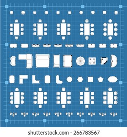 Set of 2d editable flat vector icons furniture for interior outline design on graphing engineering paper. Editable EPS10 vector illustration 