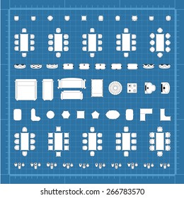 Set of 2d editable flat vector icons furniture for interior outline design on graphing engineering paper. Editable EPS10 vector illustration 