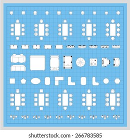Set of 2d editable flat vector icons furniture for interior outline design on graphing engineering paper. Editable EPS10 vector illustration 