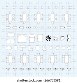 Set of 2d editable flat vector icons furniture for interior outline design on graphing engineering paper. Editable EPS10 vector illustration 