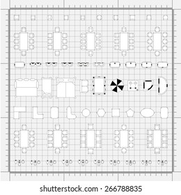 Set of 2d editable flat vector icons furniture for interior outline design on graphing engineering paper. Editable EPS10 vector illustration 