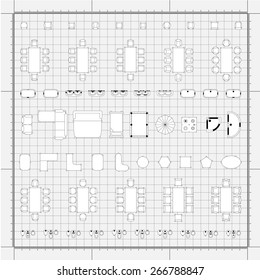 Set of 2d editable flat vector icons furniture for interior outline design on graphing engineering paper. Editable EPS10 vector illustration 