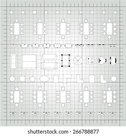 Set of 2d editable flat vector icons furniture for interior outline design on graphing engineering paper. Editable EPS10 vector illustration 