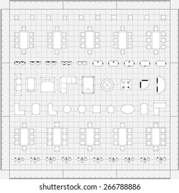 Set of 2d editable flat vector icons furniture for interior outline design on graphing engineering paper. Editable EPS10 vector illustration