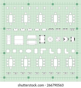 Set of 2d editable flat vector icons furniture for interior outline design on graphing engineering paper. Editable EPS10 vector illustration 