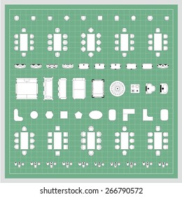 Set of 2d editable flat vector icons furniture for interior outline design on graphing engineering paper. Editable EPS10 vector illustration 