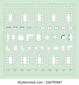 Set of 2d editable flat vector icons furniture for interior outline design on graphing engineering paper. Editable EPS10 vector illustration 