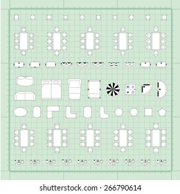 Set of 2d editable flat vector icons furniture for interior outline design on graphing engineering paper. Editable EPS10 vector illustration 