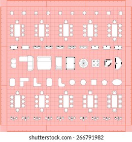 Set of 2d editable flat vector icons furniture for interior outline design on graphing engineering paper. Editable EPS10 vector illustration