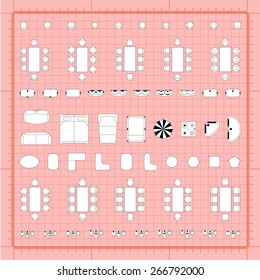 Set of 2d editable flat vector icons furniture for interior outline design on graphing engineering paper. Editable EPS10 vector illustration