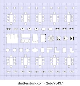 Set of 2d editable flat vector icons furniture for interior outline design on graphing engineering paper. Editable EPS10 vector illustration 