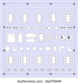 Set of 2d editable flat vector icons furniture for interior outline design on graphing engineering paper. Editable EPS10 vector illustration 