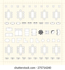 Set of 2d editable flat vector icons furniture for interior outline design on graphing engineering paper. Editable EPS10 vector illustration 